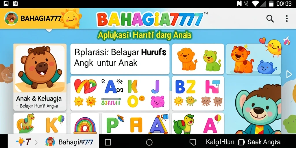 Screenshot utama BAHAGIA777 untuk belajar huruf dan angka yang interaktif.