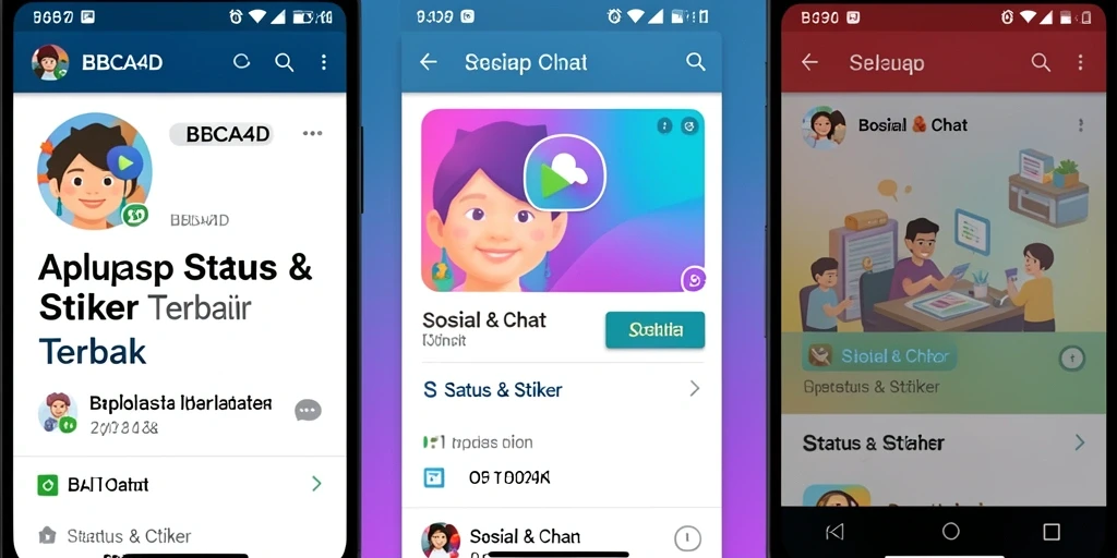 Antarmuka aplikasi BBCA4D menampilkan berbagai stiker dan status yang menarik.